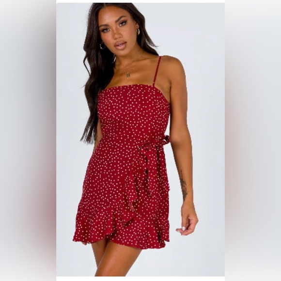 Princess Polly Burgundy Polka Dot Mini Dress short ruffle cottage core vacation - Picture 1 of 12
